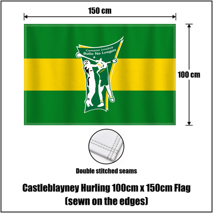 Castleblayney Hurling 100cm x 150cm Flag (sewn on the edges), featuring the club crest and green and gold colours; County Monaghan GAA. ClubFlags.ie.