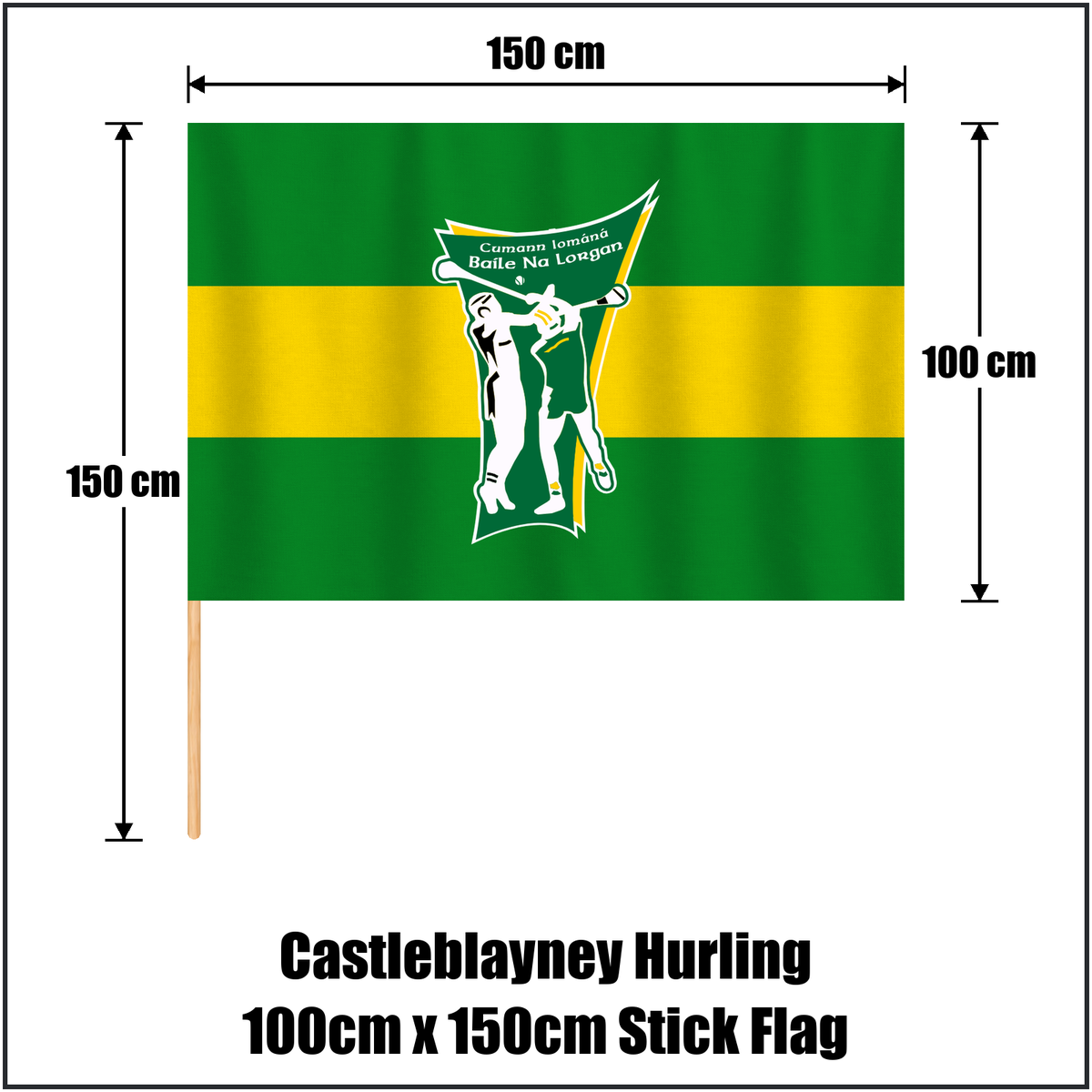 Castleblayney Hurling 100cm x 150cm Stick Flag, featuring the club crest and green and gold colours; County Monaghan GAA. ClubFlags.ie.