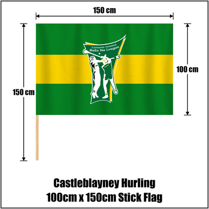 Castleblayney Hurling 100cm x 150cm Stick Flag, featuring the club crest and green and gold colours; County Monaghan GAA. ClubFlags.ie.