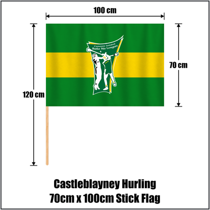 Castleblayney Hurling 70cm x 100cm Stick Flag, featuring the club crest and green and gold colours; County Monaghan GAA. ClubFlags.ie.