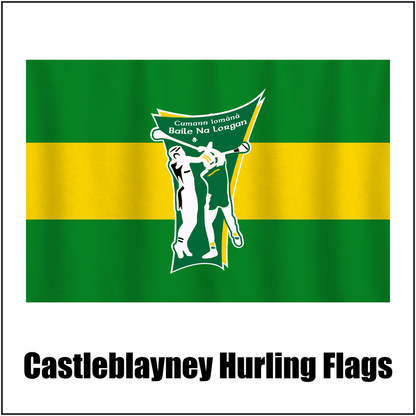 Castleblayney Hurling Flags, featuring the club crest and green and gold colours; County Monaghan GAA. ClubFlags.ie.