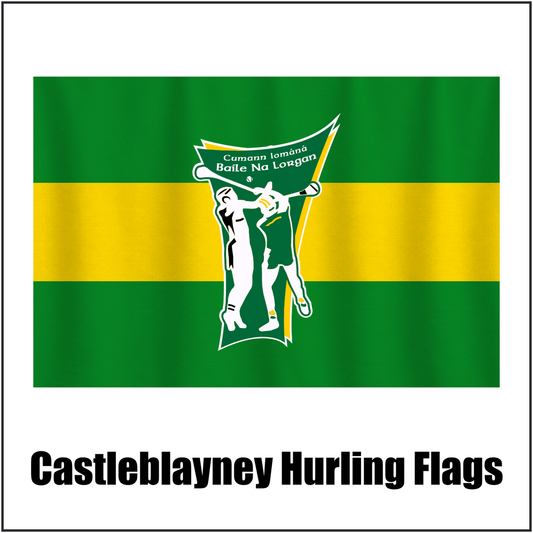 Castleblayney Hurling Flags, featuring the club crest and green and gold colours; County Monaghan GAA. ClubFlags.ie.