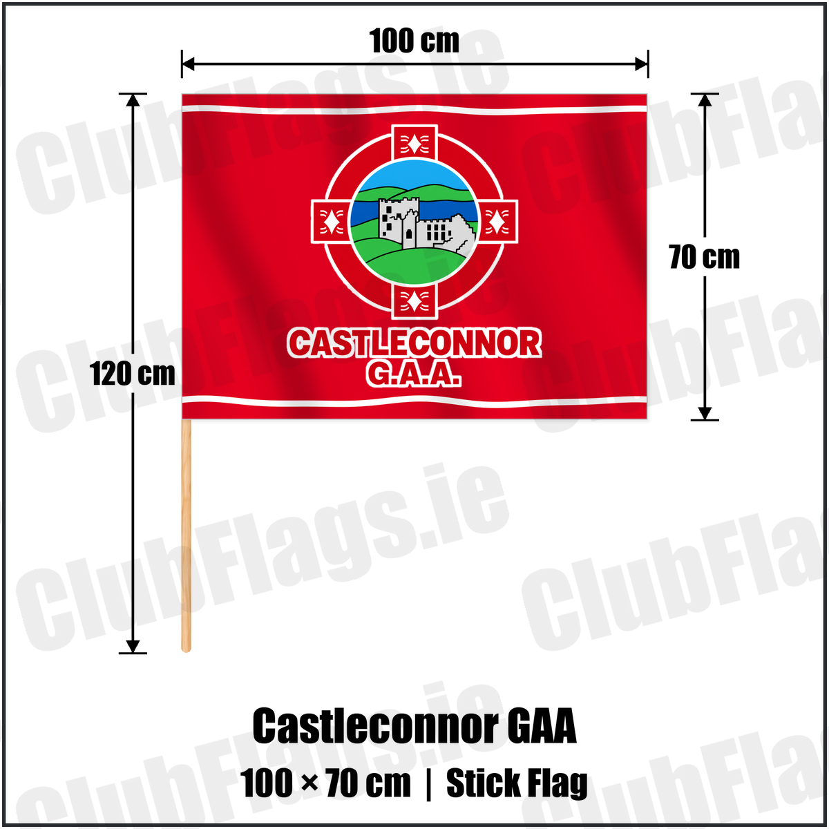 Castleconnor GAA 70cm x 100cm Stick Flag with the verified club crest and colours, Sligo GAA - ClubFlags.ie