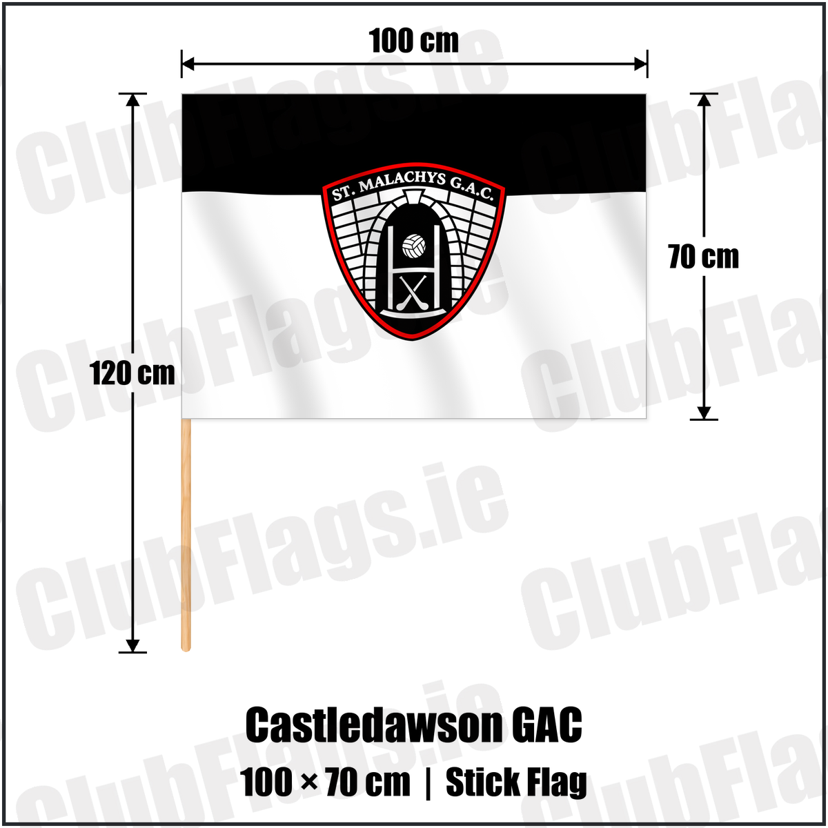 Castledawson GAC 70cm x 100cm Stick Flag with the verified club crest and colours, Derry GAA - ClubFlags.ie