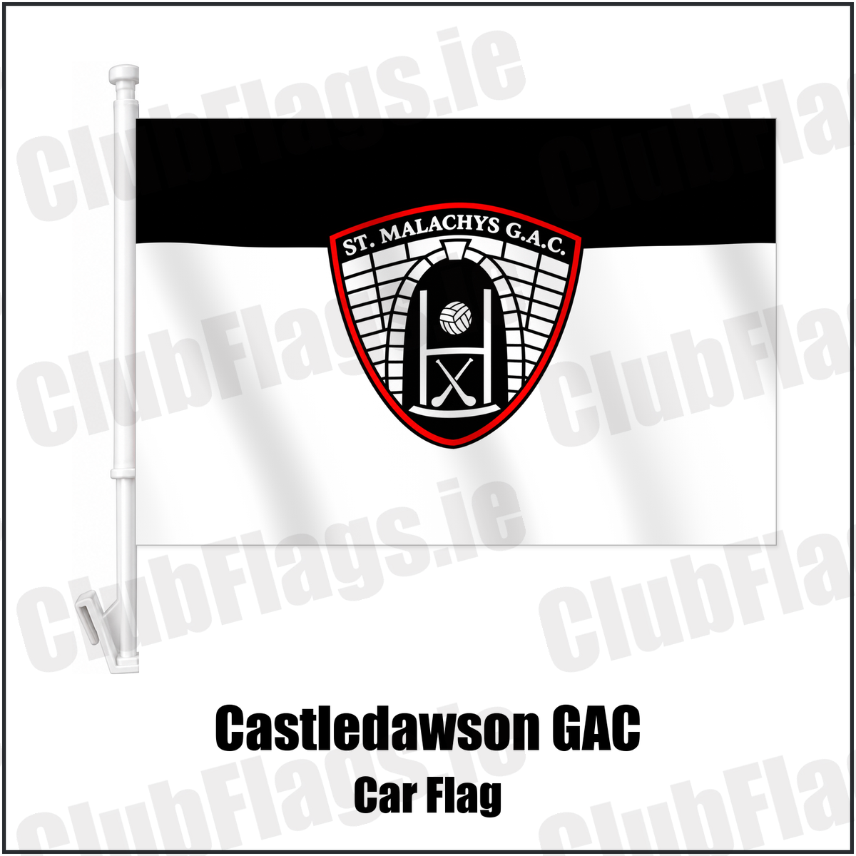 Castledawson GAC Car Flag with the verified club crest and colours, Derry GAA - ClubFlags.ie