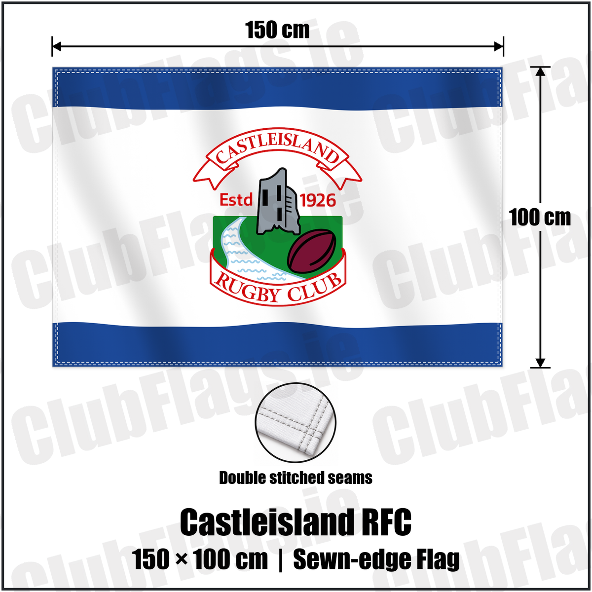 Castleisland RFC 100cm x 150cm Flag (sewn on the edges) with the club crest and colours, Kerry Rugby - ClubFlags.ie