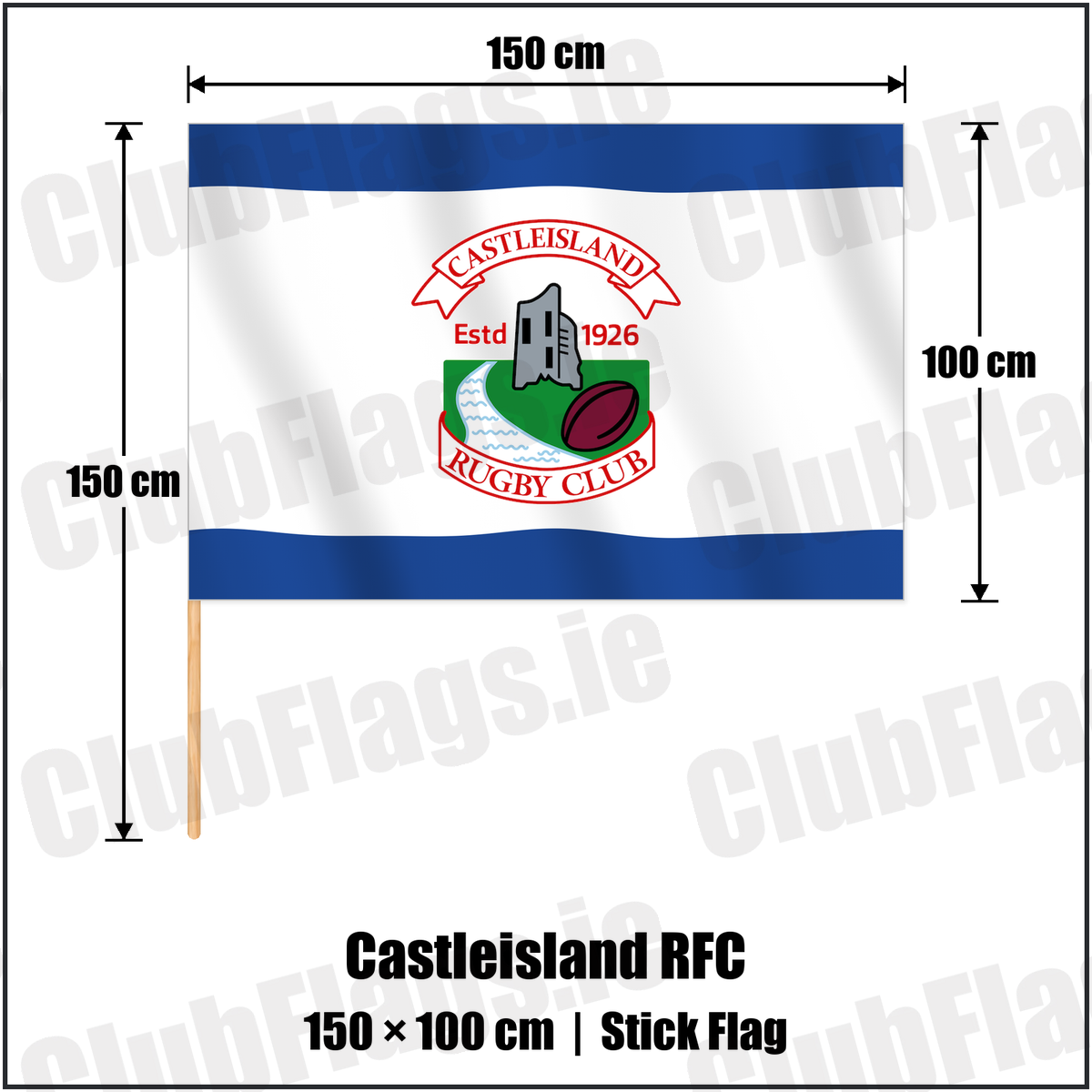 Castleisland RFC 100cm x 150cm Stick Flag with the club crest and colours, Kerry Rugby - ClubFlags.ie