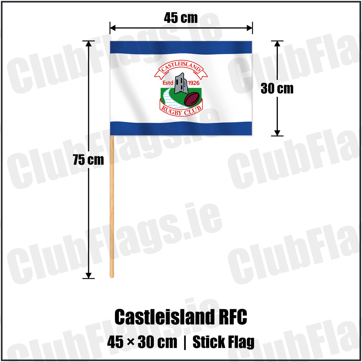 Castleisland RFC 30cm x 45cm Stick Flag with the club crest and colours, Kerry Rugby - ClubFlags.ie