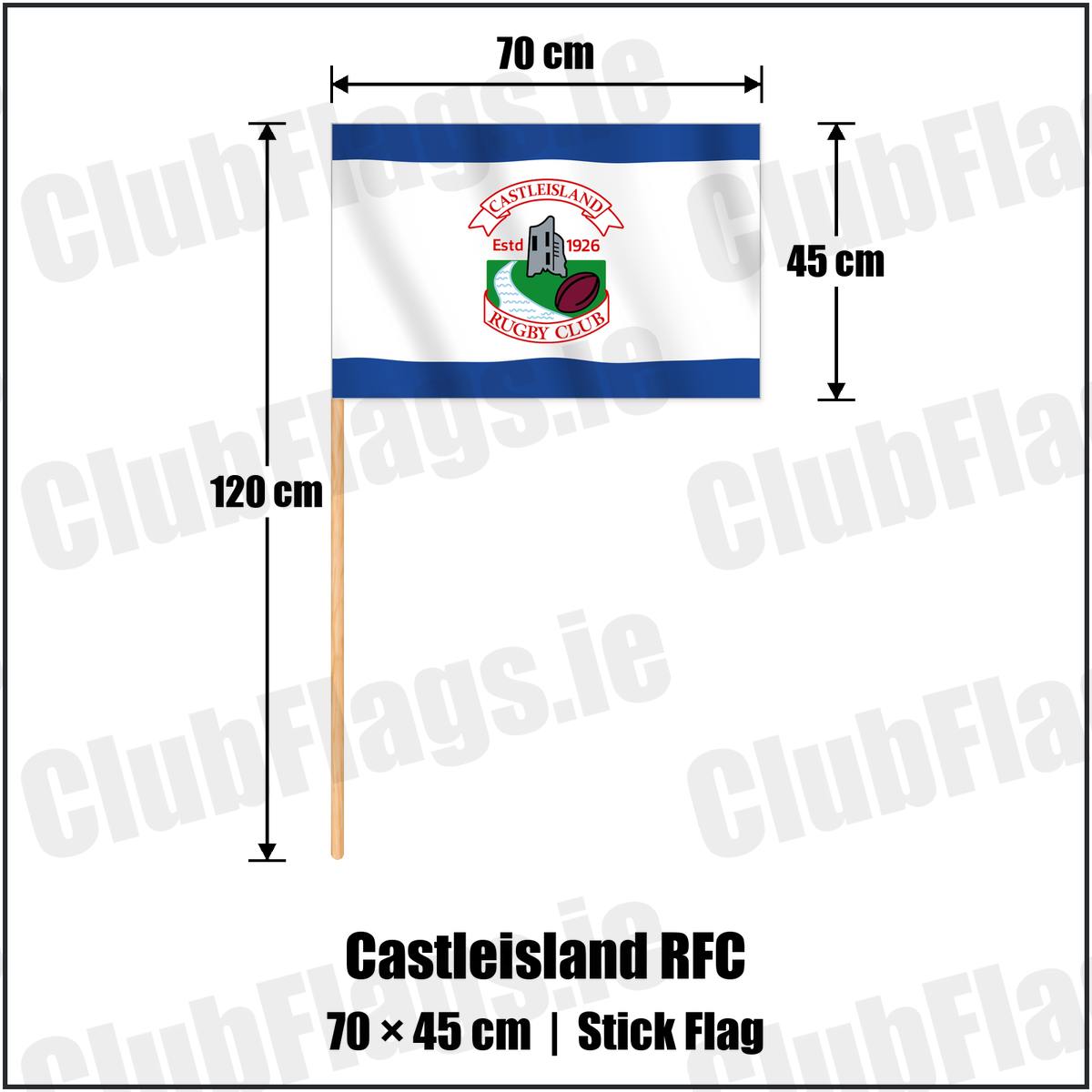 Castleisland RFC 45cm x 70cm Stick Flag with the club crest and colours, Kerry Rugby - ClubFlags.ie