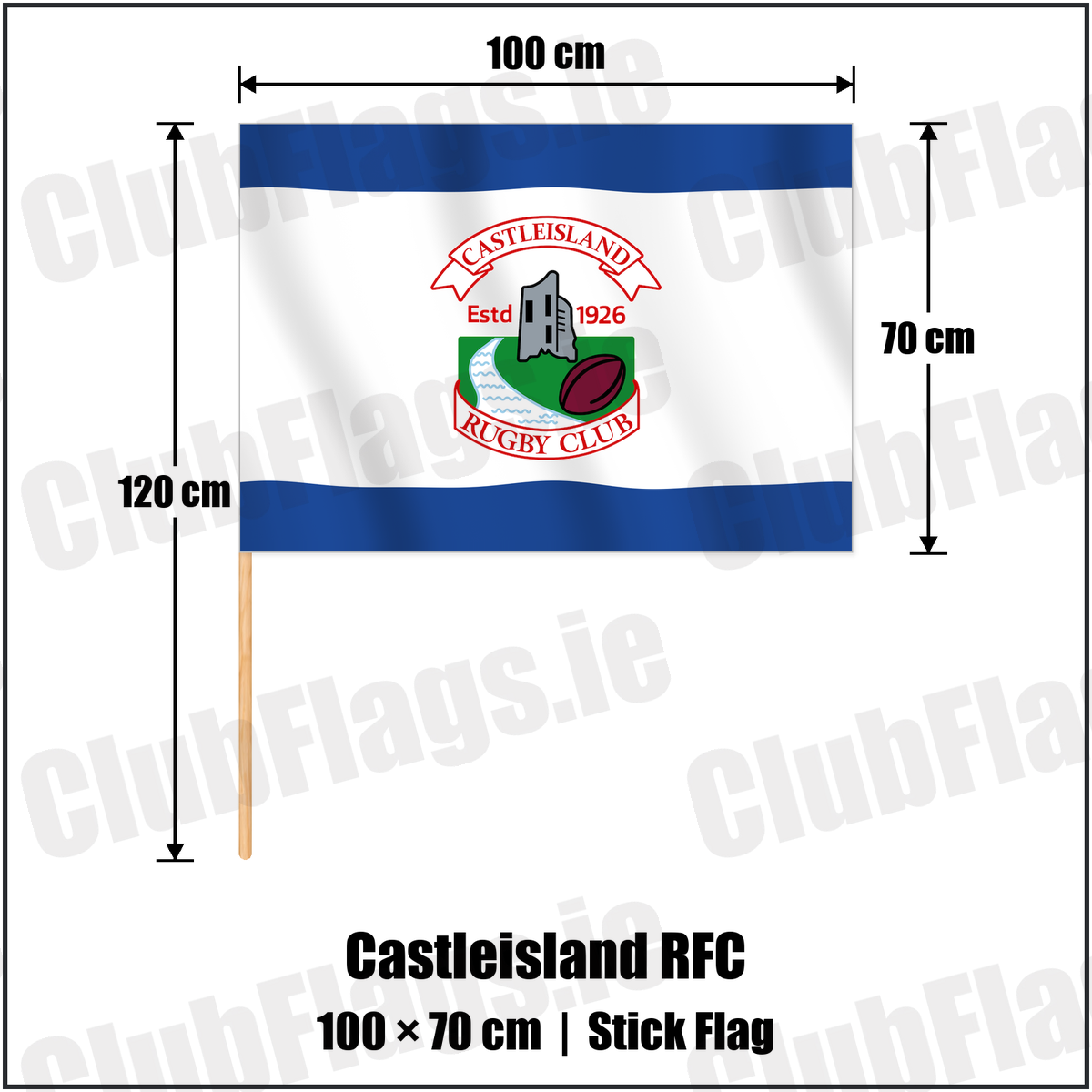Castleisland RFC 70cm x 100cm Stick Flag with the club crest and colours, Kerry Rugby - ClubFlags.ie