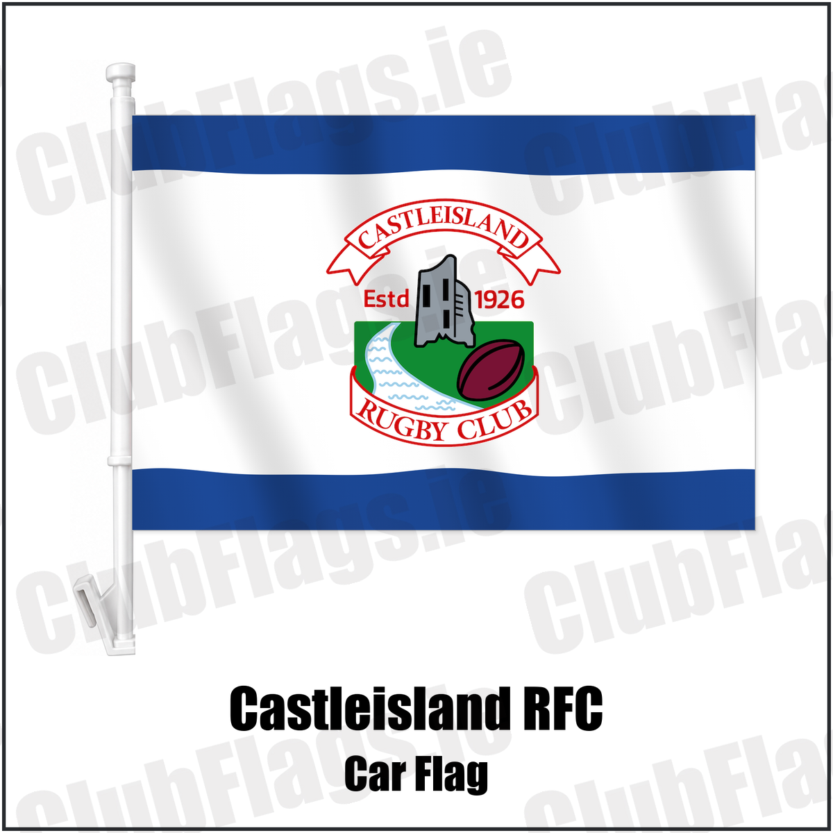Castleisland RFC Car Flag with the club crest and colours, Kerry Rugby - ClubFlags.ie