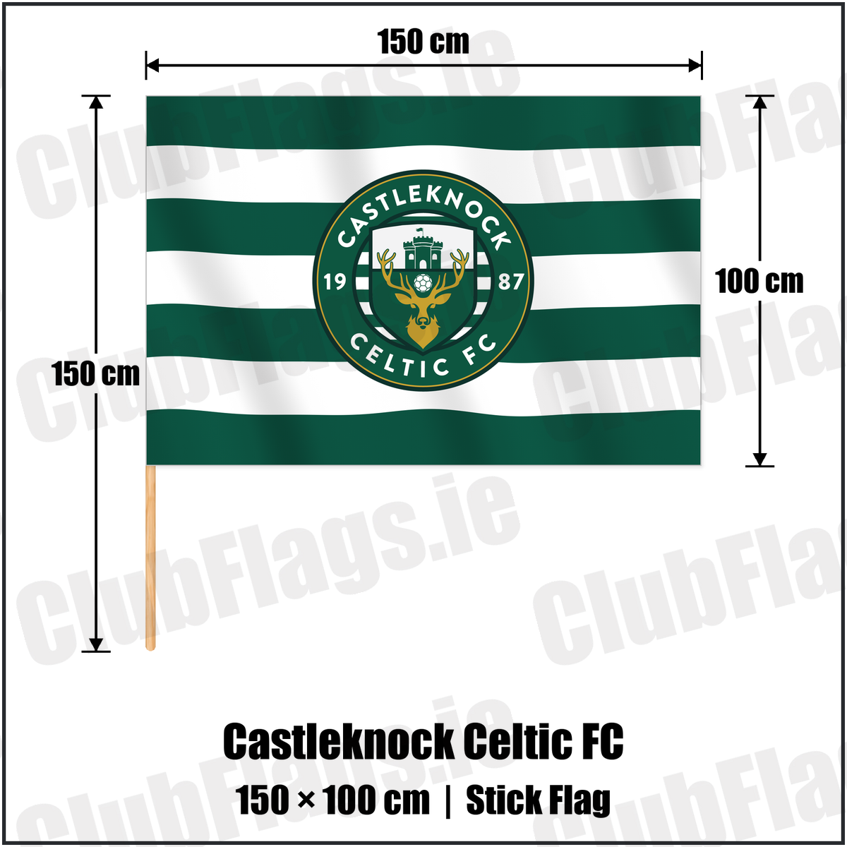 Castleknock Celtic FC 100cm x 150cm Stick Flag with the club crest and colours, Dublin Football - ClubFlags.ie