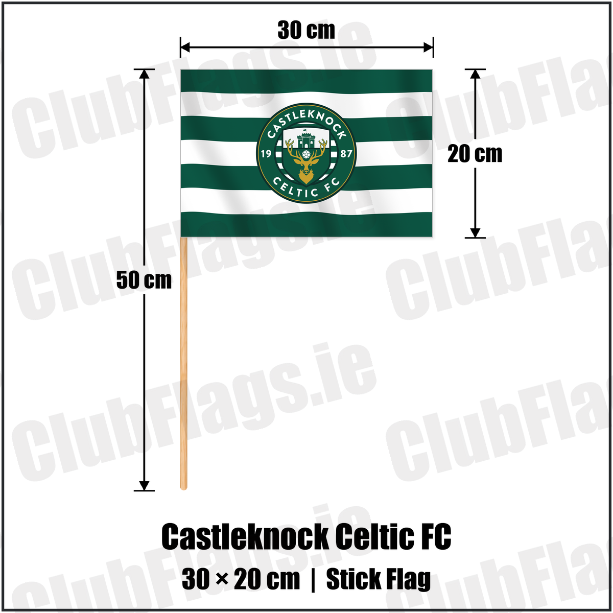 Castleknock Celtic FC 20cm x 30cm Stick Flag with the club crest and colours, Dublin Football - ClubFlags.ie