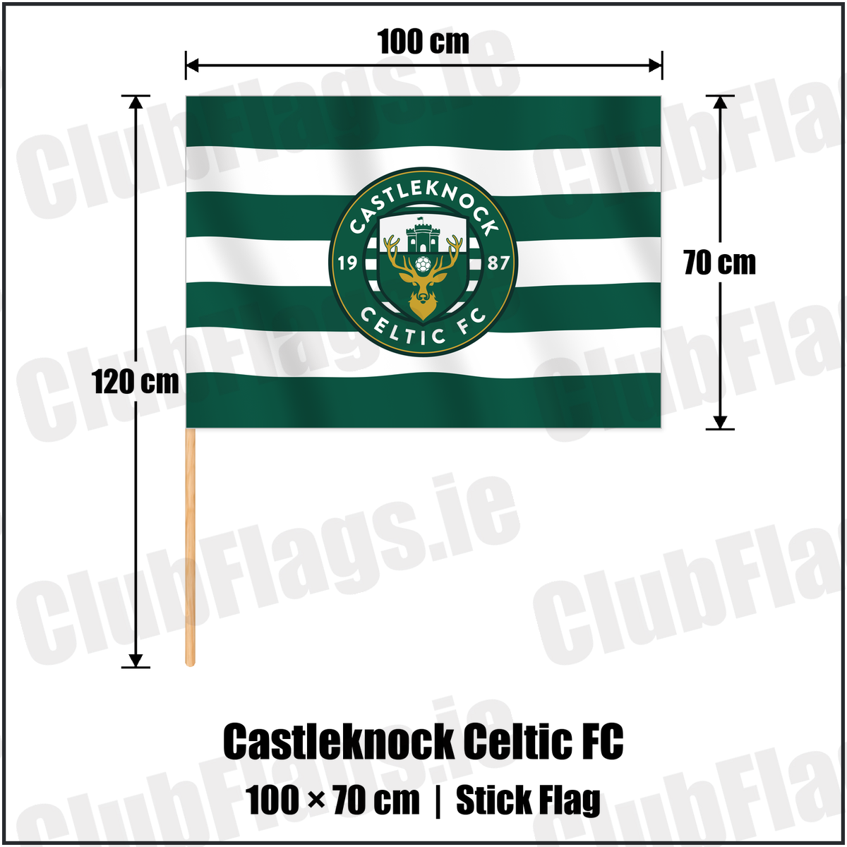 Castleknock Celtic FC 70cm x 100cm Stick Flag with the club crest and colours, Dublin Football - ClubFlags.ie