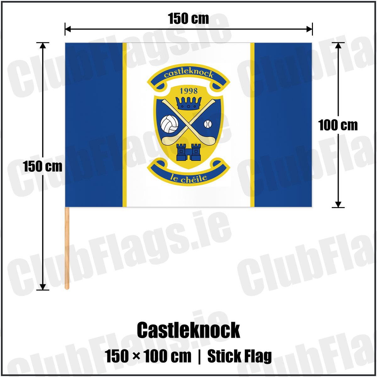 Castleknock 100cm x 150cm Stick Flag with the club crest and colours, Dublin GAA - ClubFlags.ie