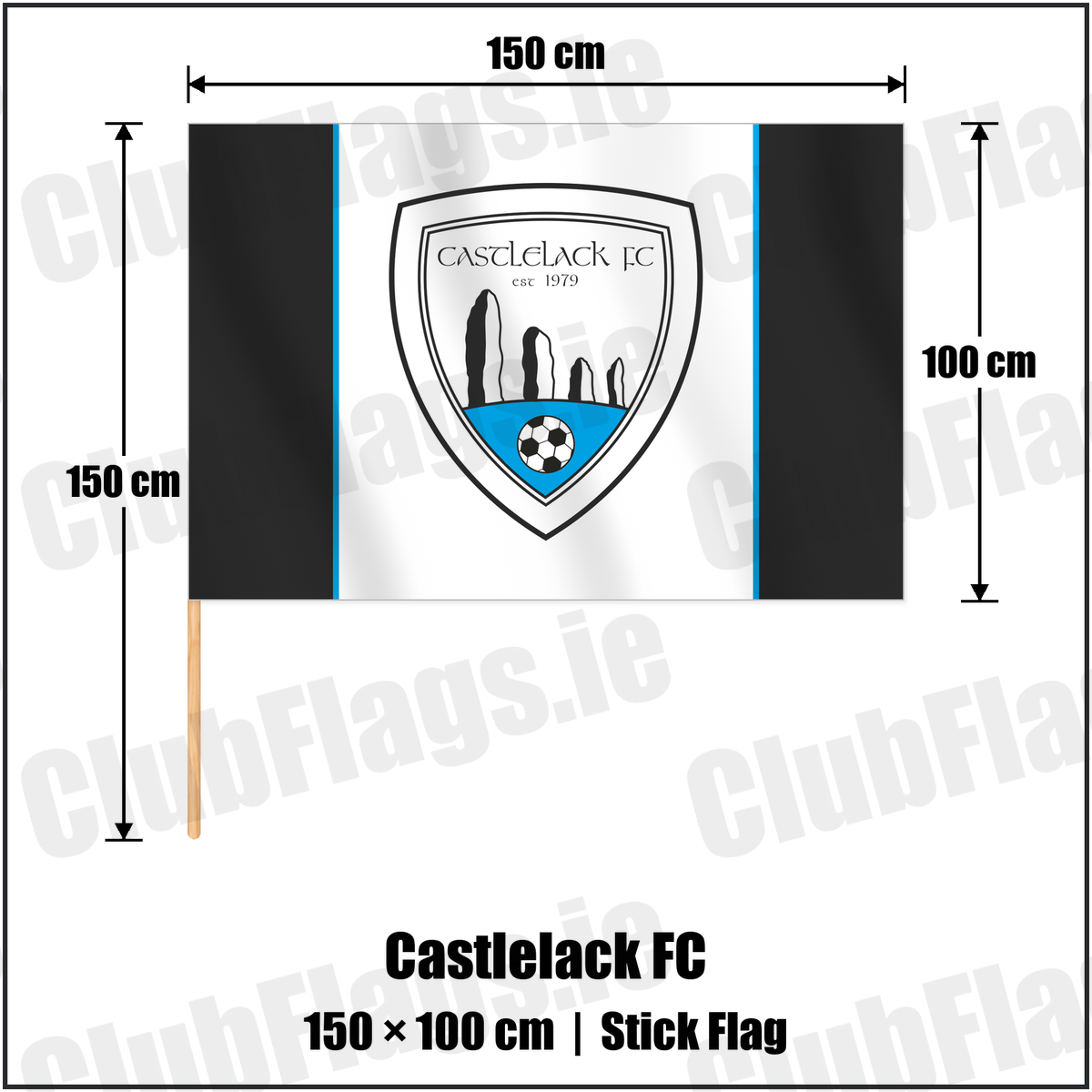 Castlelack FC 100cm x 150cm Stick Flag with the club crest and colours, Cork Football - ClubFlags.ie