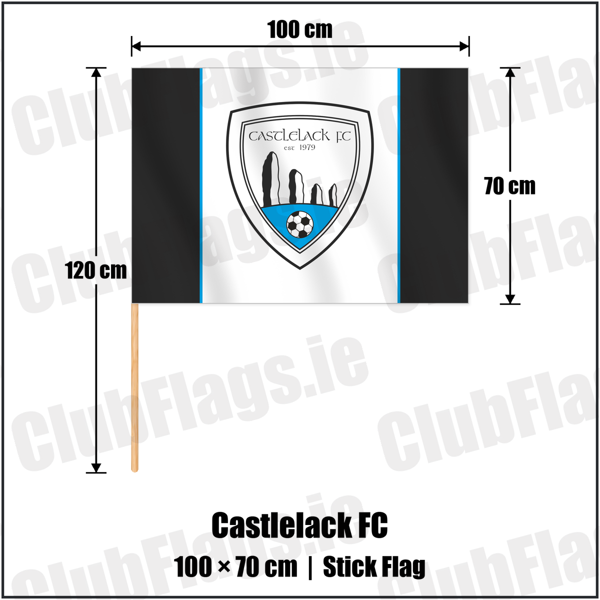 Castlelack FC 70cm x 100cm Stick Flag with the club crest and colours, Cork Football - ClubFlags.ie