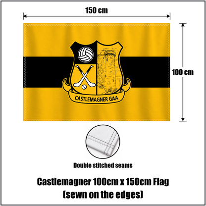 Castlemagner 100cm x 150cm Flag (sewn on the edges), featuring the club crest and amber and black colours; County Cork GAA. ClubFlags.ie.