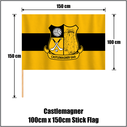 Castlemagner 100cm x 150cm Stick Flag, featuring the club crest and amber and black colours; County Cork GAA. ClubFlags.ie.