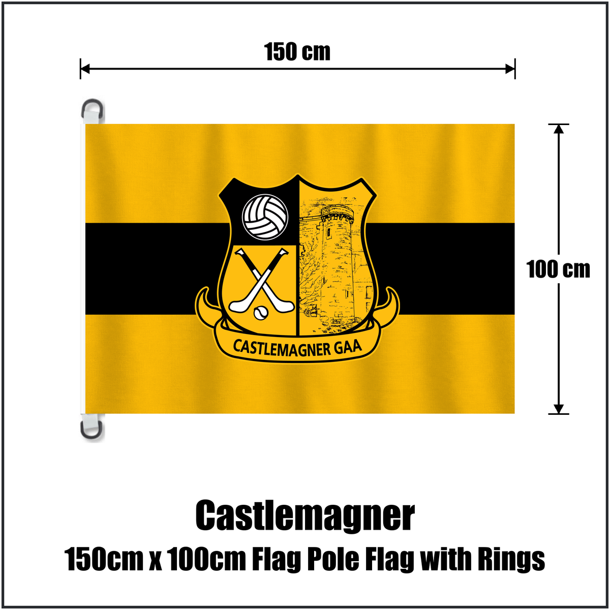 Castlemagner 150cm x 100cm Flag Pole Flag with Rings, featuring the club crest and amber and black colours; County Cork GAA. ClubFlags.ie.