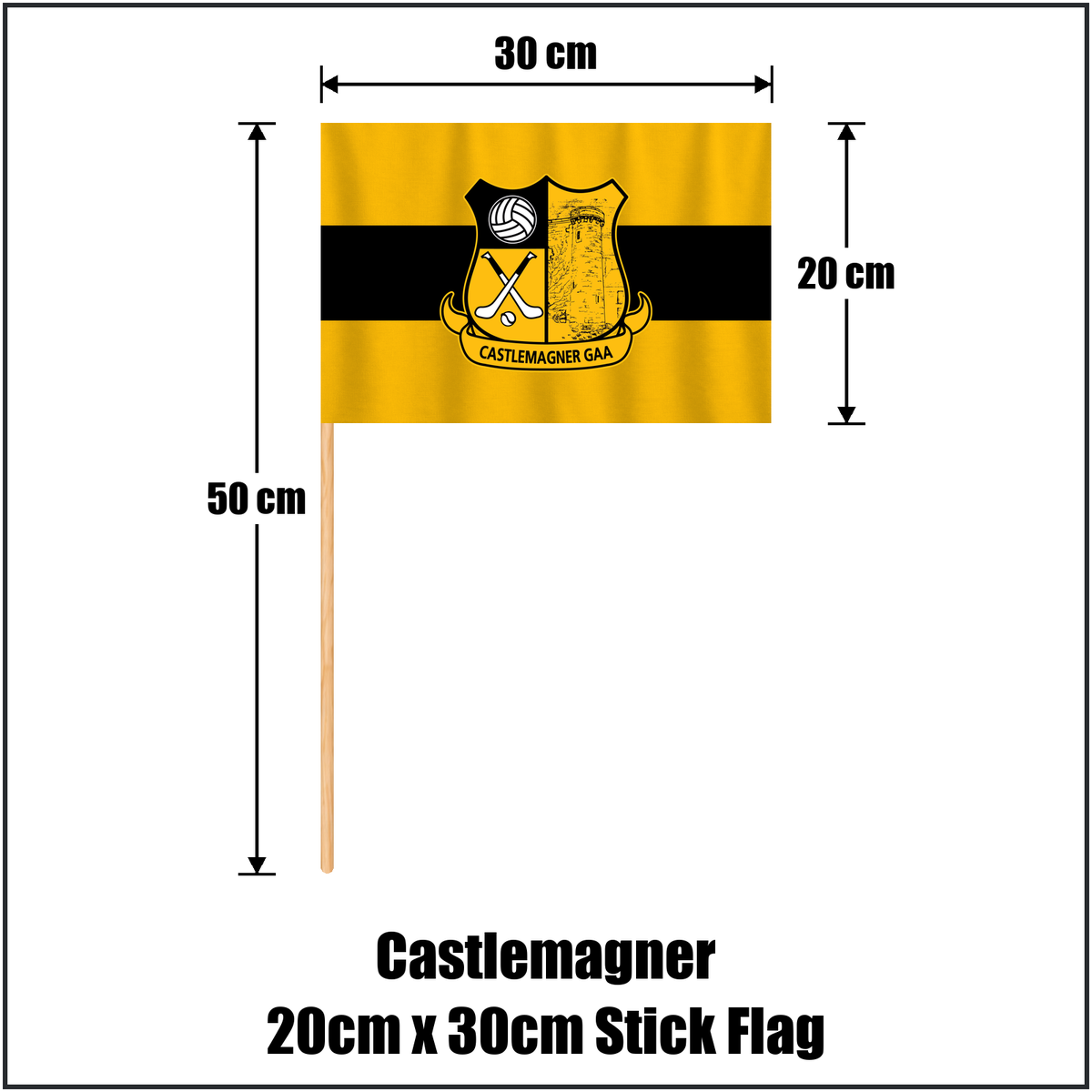 Castlemagner 20cm x 30cm Stick Flag, featuring the club crest and amber and black colours; County Cork GAA. ClubFlags.ie.