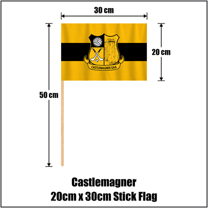 Castlemagner 20cm x 30cm Stick Flag, featuring the club crest and amber and black colours; County Cork GAA. ClubFlags.ie.