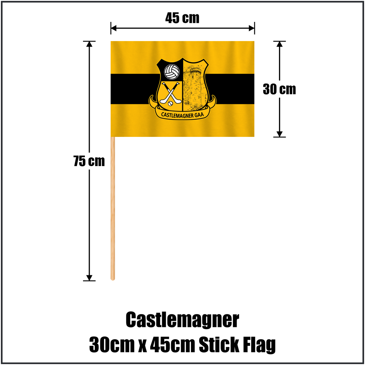 Castlemagner 30cm x 45cm Stick Flag, featuring the club crest and amber and black colours; County Cork GAA. ClubFlags.ie.