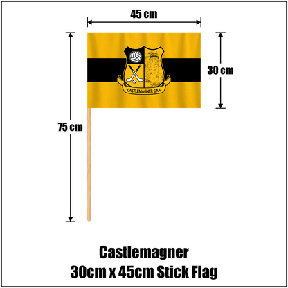 Castlemagner 30cm x 45cm Stick Flag, featuring the club crest and amber and black colours; County Cork GAA. ClubFlags.ie.