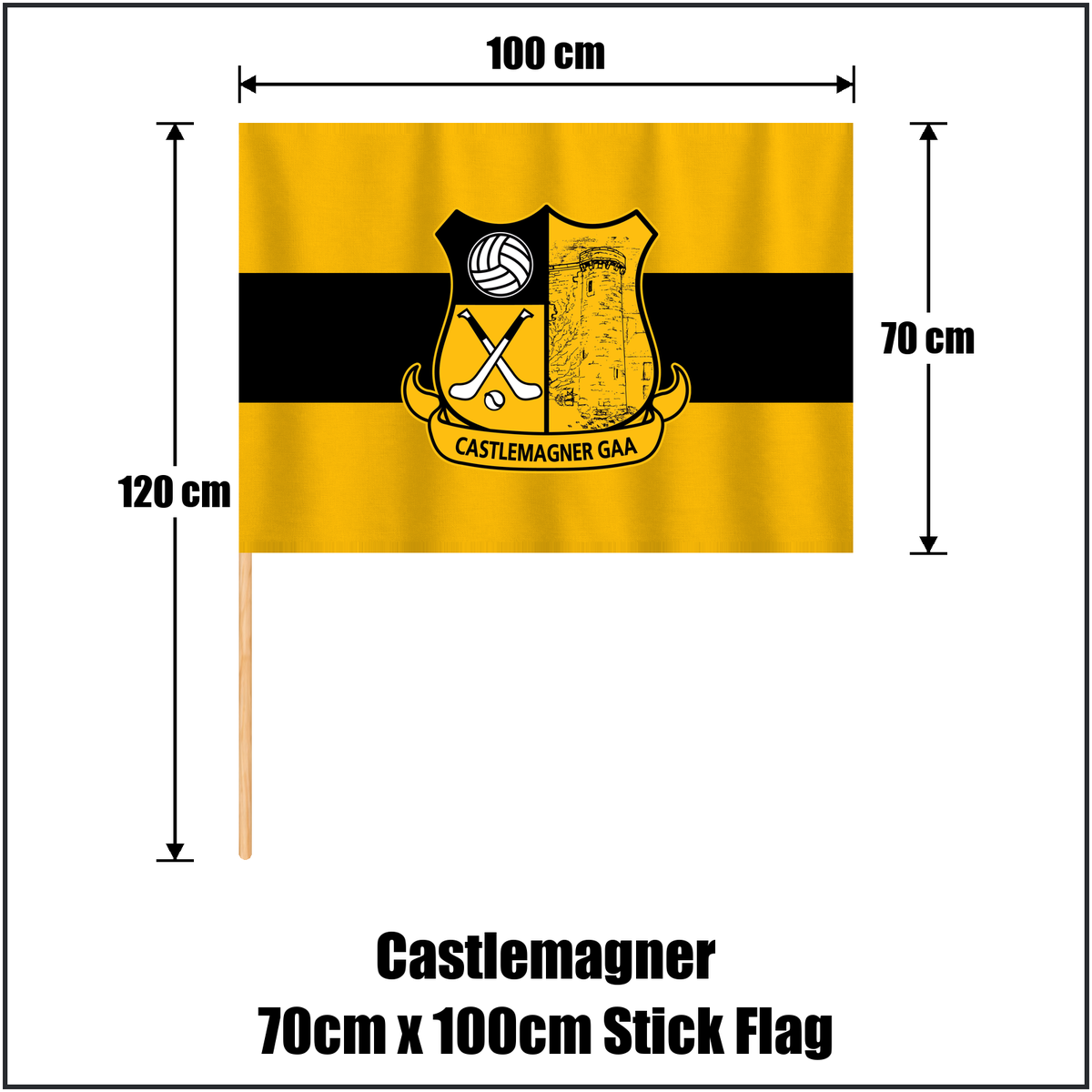 Castlemagner 70cm x 100cm Stick Flag, featuring the club crest and amber and black colours; County Cork GAA. ClubFlags.ie.