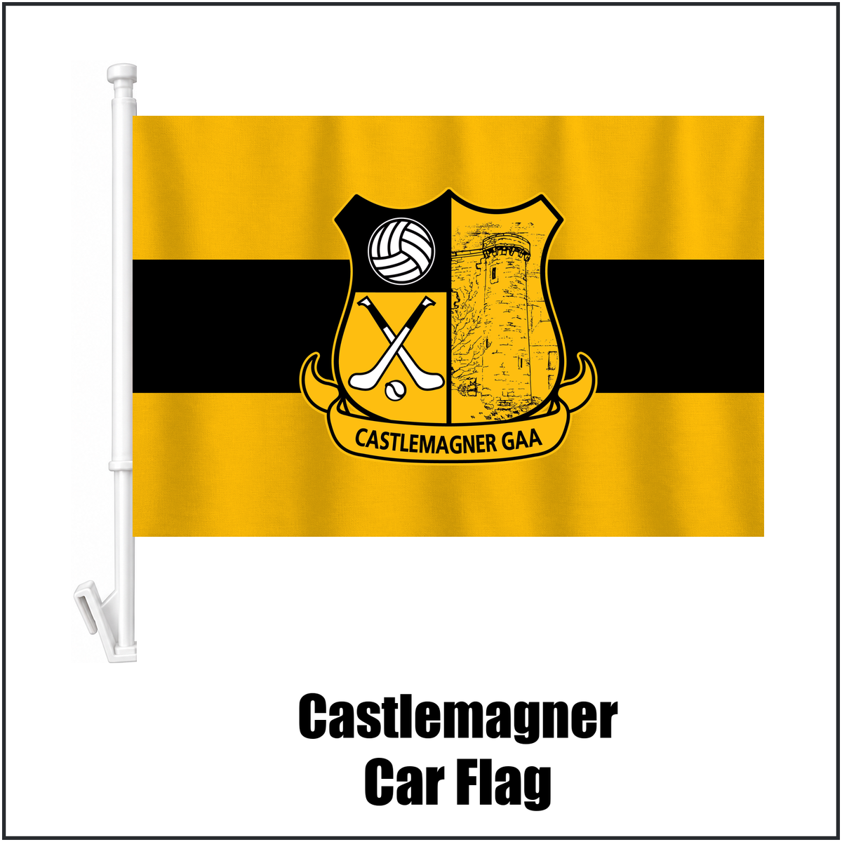 Castlemagner Car Flag, featuring the club crest and amber and black colours; County Cork GAA. ClubFlags.ie.
