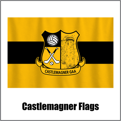 Castlemagner Flags, featuring the club crest and amber and black colours; County Cork GAA. ClubFlags.ie.