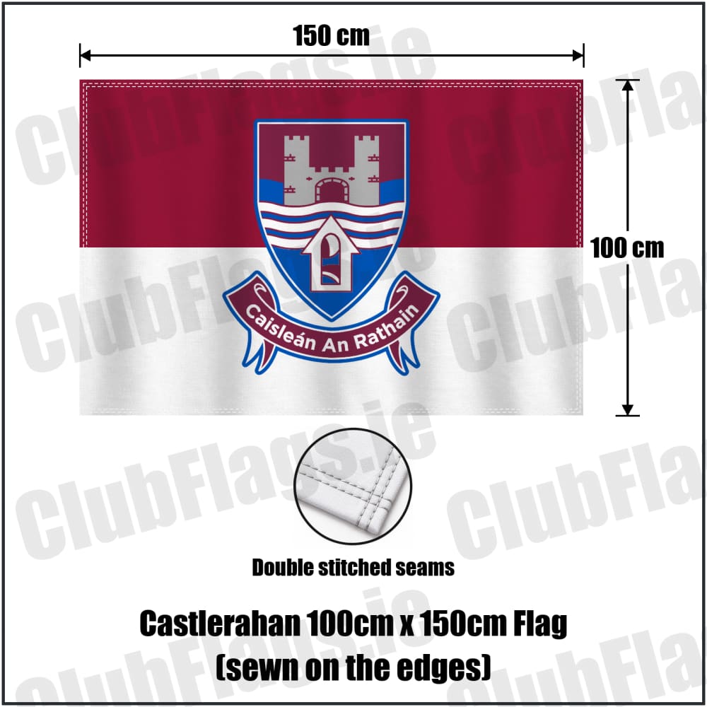 Castlerahan 100cm x 150cm Flag (sewn on the edges) in maroon and white, featuring the club crest on realistic fabric with gentle vertical folds; County Cavan GAA. ClubFlags.ie.