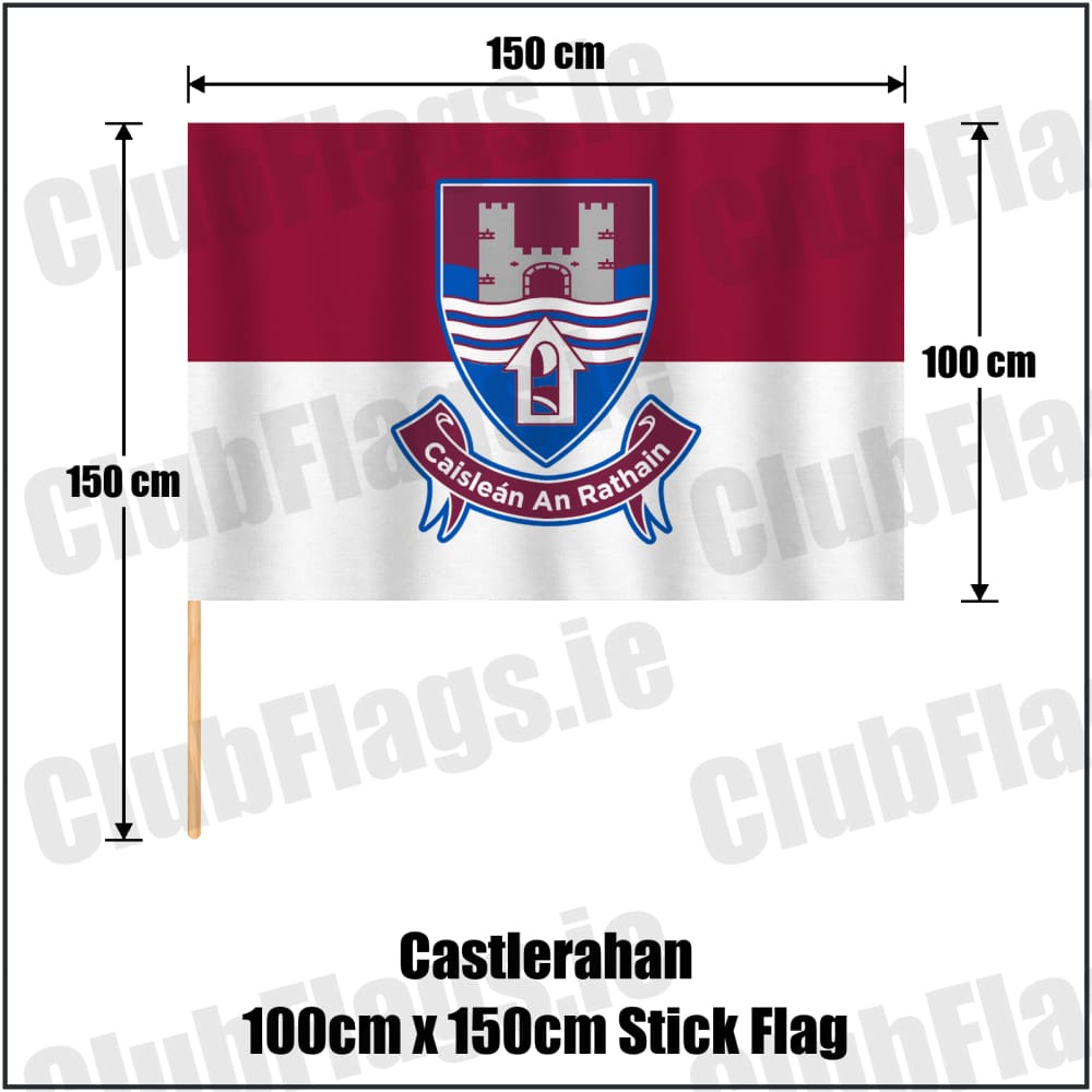 Castlerahan 100cm x 150cm Stick Flag in maroon and white, featuring the club crest on realistic fabric with gentle vertical folds; County Cavan GAA. ClubFlags.ie.