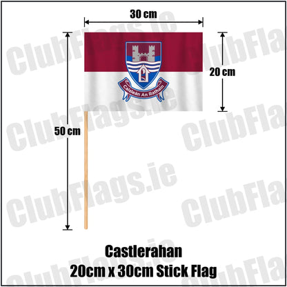 Castlerahan 20cm x 30cm Stick Flag in maroon and white, featuring the club crest on realistic fabric with gentle vertical folds; County Cavan GAA. ClubFlags.ie.