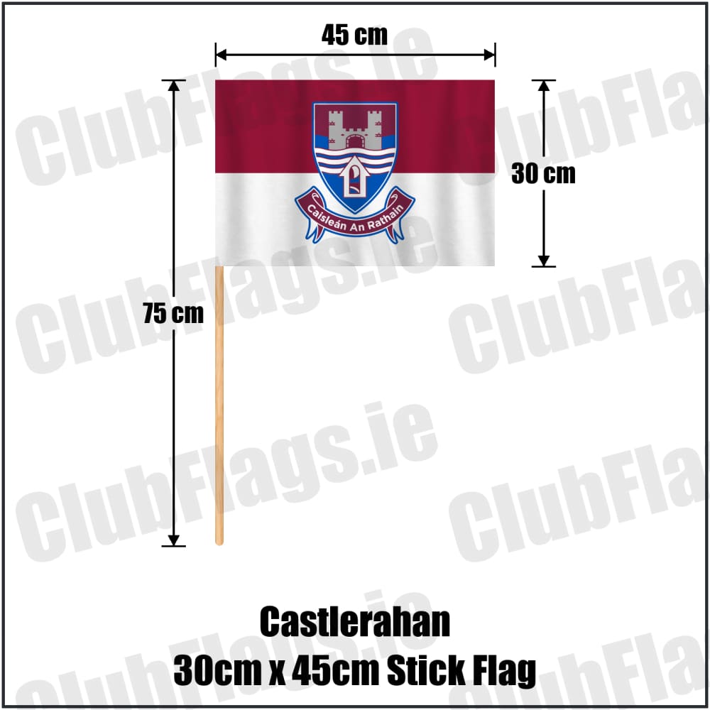 Castlerahan 30cm x 45cm Stick Flag in maroon and white, featuring the club crest on realistic fabric with gentle vertical folds; County Cavan GAA. ClubFlags.ie.