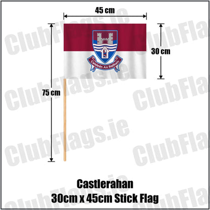 Castlerahan 30cm x 45cm Stick Flag in maroon and white, featuring the club crest on realistic fabric with gentle vertical folds; County Cavan GAA. ClubFlags.ie.