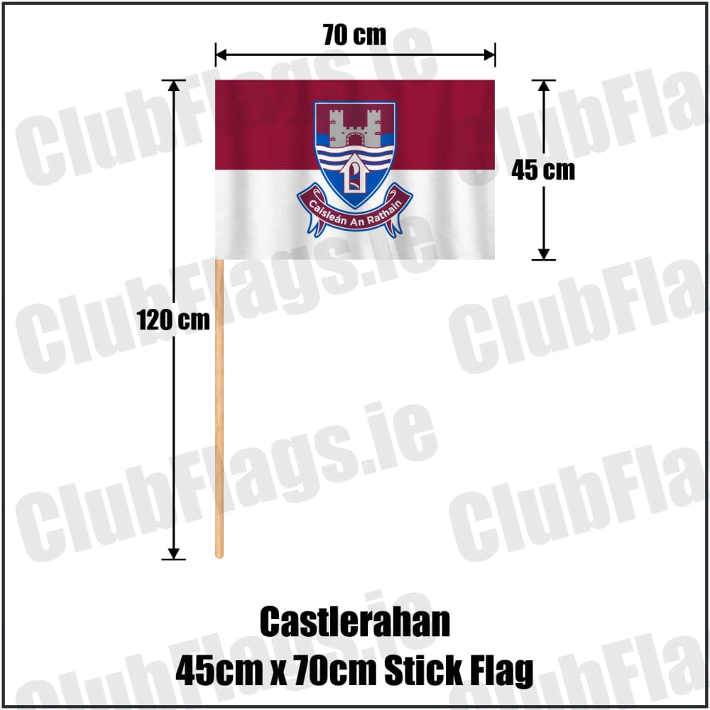 Castlerahan 45cm x 70cm Stick Flag in maroon and white, featuring the club crest on realistic fabric with gentle vertical folds; County Cavan GAA. ClubFlags.ie.