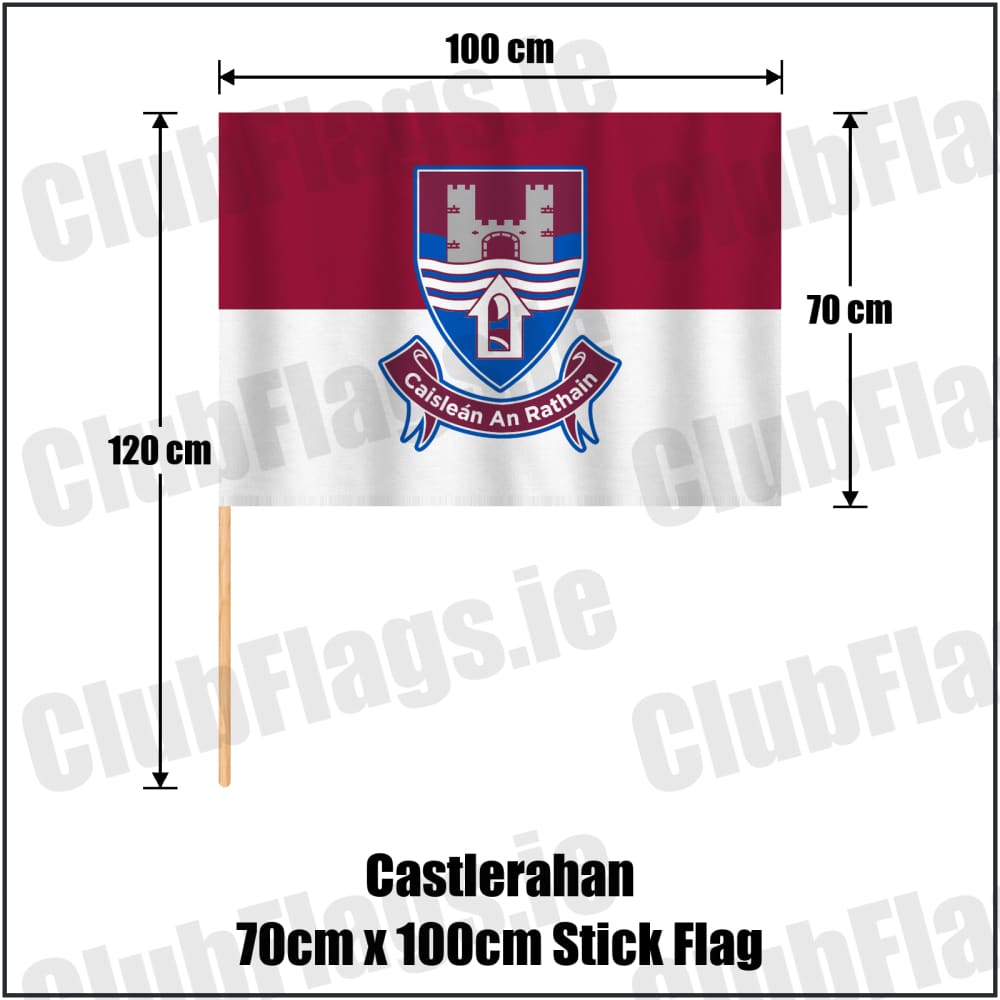 Castlerahan 70cm x 100cm Stick Flag in maroon and white, featuring the club crest on realistic fabric with gentle vertical folds; County Cavan GAA. ClubFlags.ie.