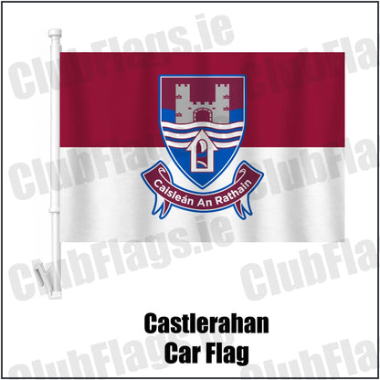 Castlerahan Car Flag in maroon and white, featuring the club crest on realistic fabric with gentle vertical folds; County Cavan GAA. ClubFlags.ie.