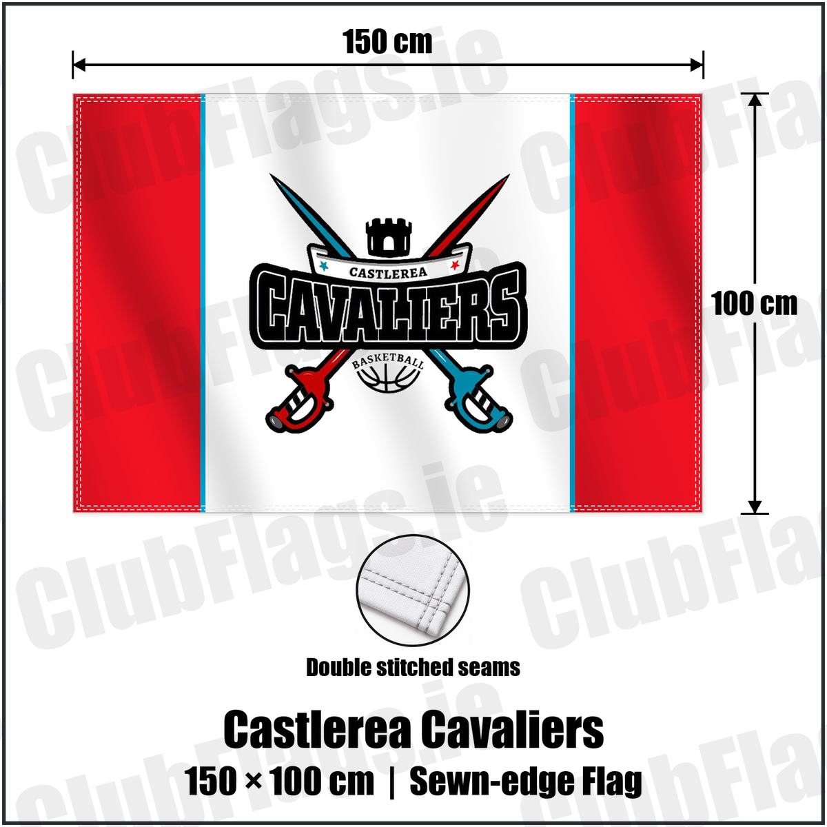 Castlerea Cavaliers 100cm x 150cm Flag (sewn on the edges) with the club crest and colours, Roscommon Basketball - ClubFlags.ie