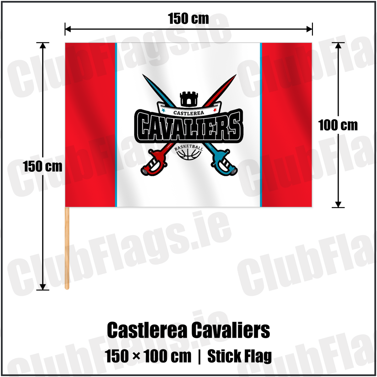 Castlerea Cavaliers 100cm x 150cm Stick Flag with the club crest and colours, Roscommon Basketball - ClubFlags.ie