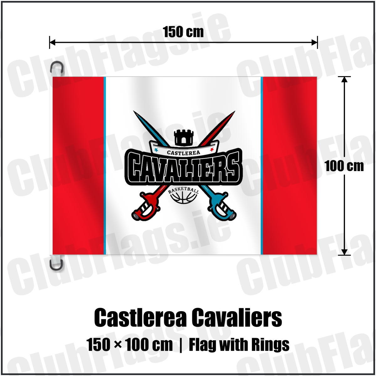 Castlerea Cavaliers 150cm x 100cm Flag Pole Flag with Rings with the club crest and colours, Roscommon Basketball - ClubFlags.ie