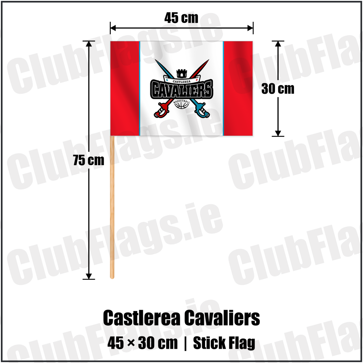 Castlerea Cavaliers 30cm x 45cm Stick Flag with the club crest and colours, Roscommon Basketball - ClubFlags.ie
