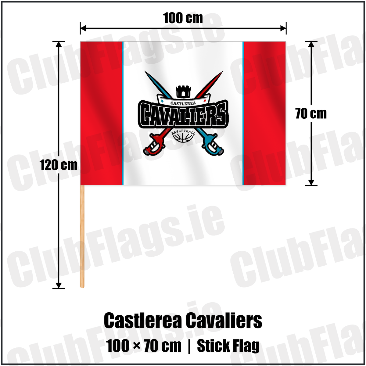 Castlerea Cavaliers 70cm x 100cm Stick Flag with the club crest and colours, Roscommon Basketball - ClubFlags.ie