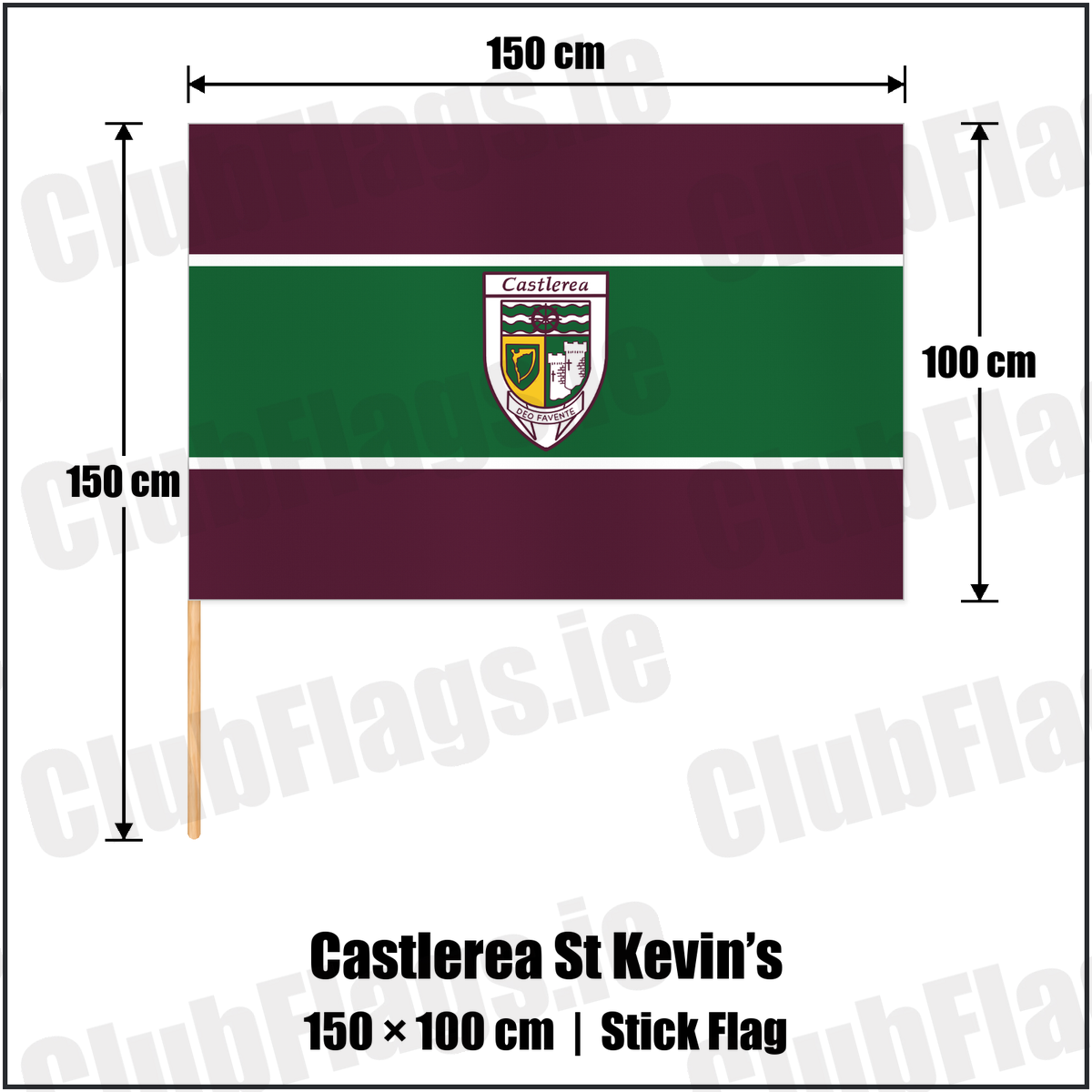 Castlerea St Kevin’s 100cm x 150cm Stick Flag with the club crest and colours, Roscommon GAA - ClubFlags.ie