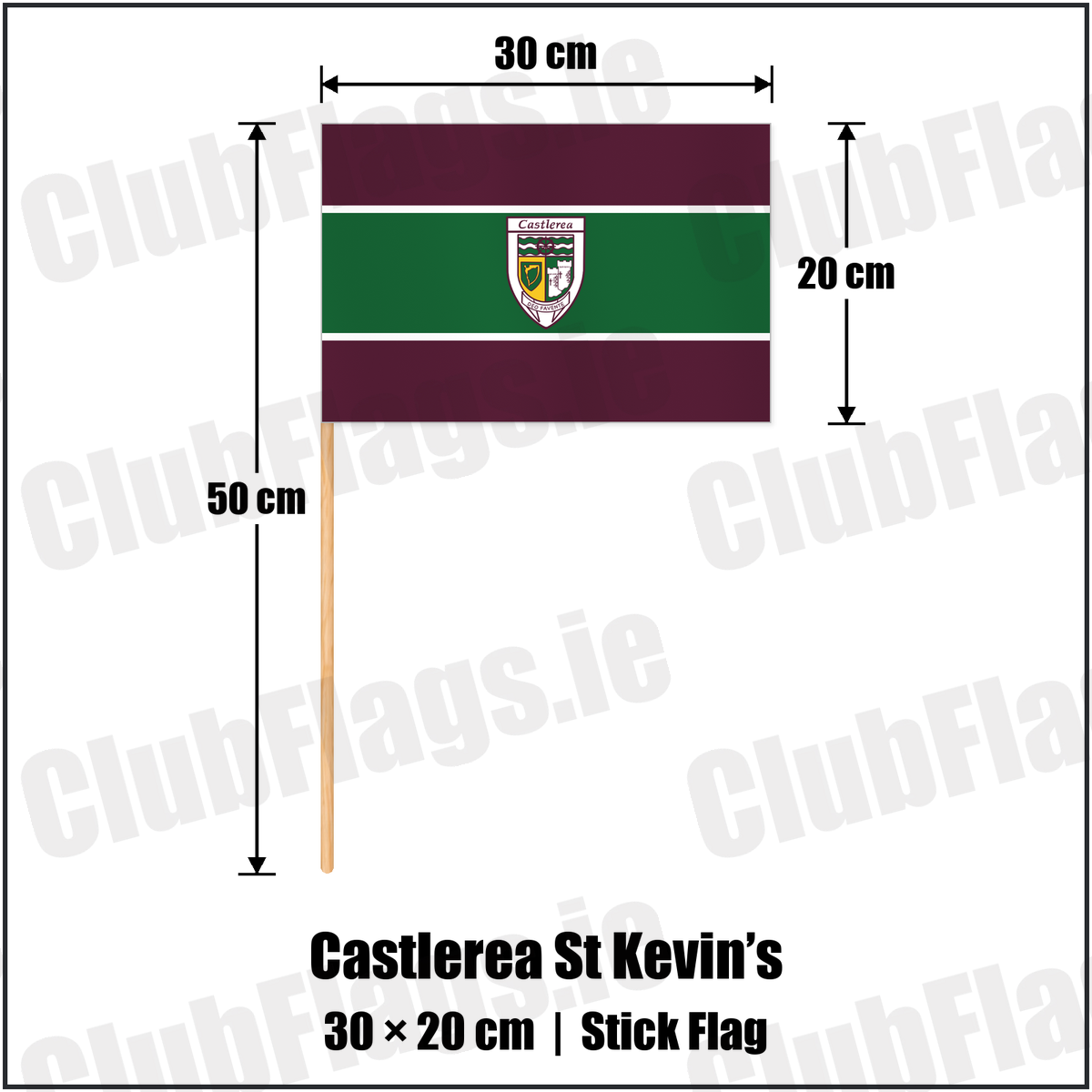 Castlerea St Kevin’s 20cm x 30cm Stick Flag with the club crest and colours, Roscommon GAA - ClubFlags.ie
