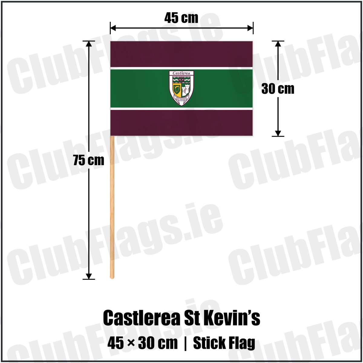 Castlerea St Kevin’s 30cm x 45cm Stick Flag with the club crest and colours, Roscommon GAA - ClubFlags.ie