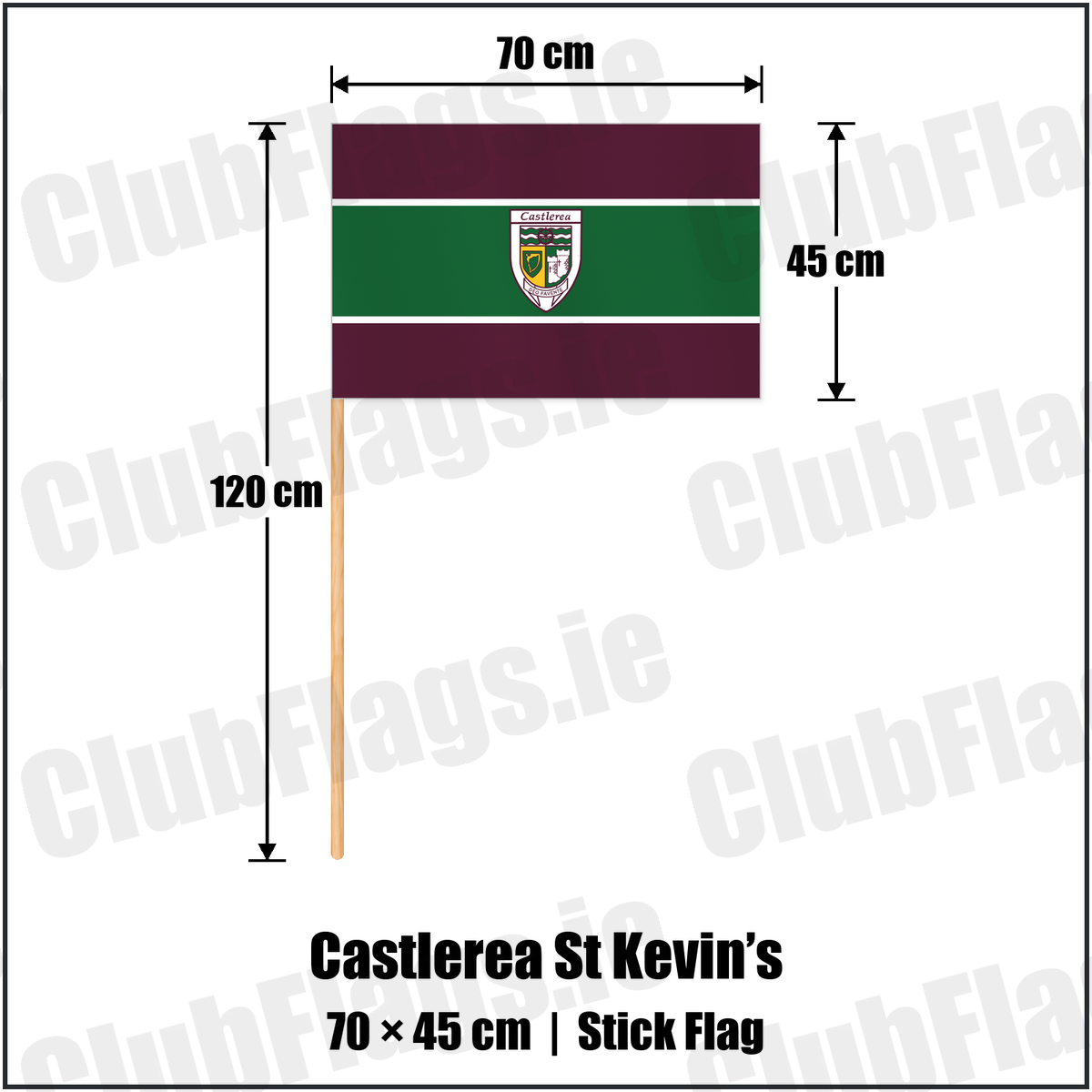 Castlerea St Kevin’s 45cm x 70cm Stick Flag with the club crest and colours, Roscommon GAA - ClubFlags.ie
