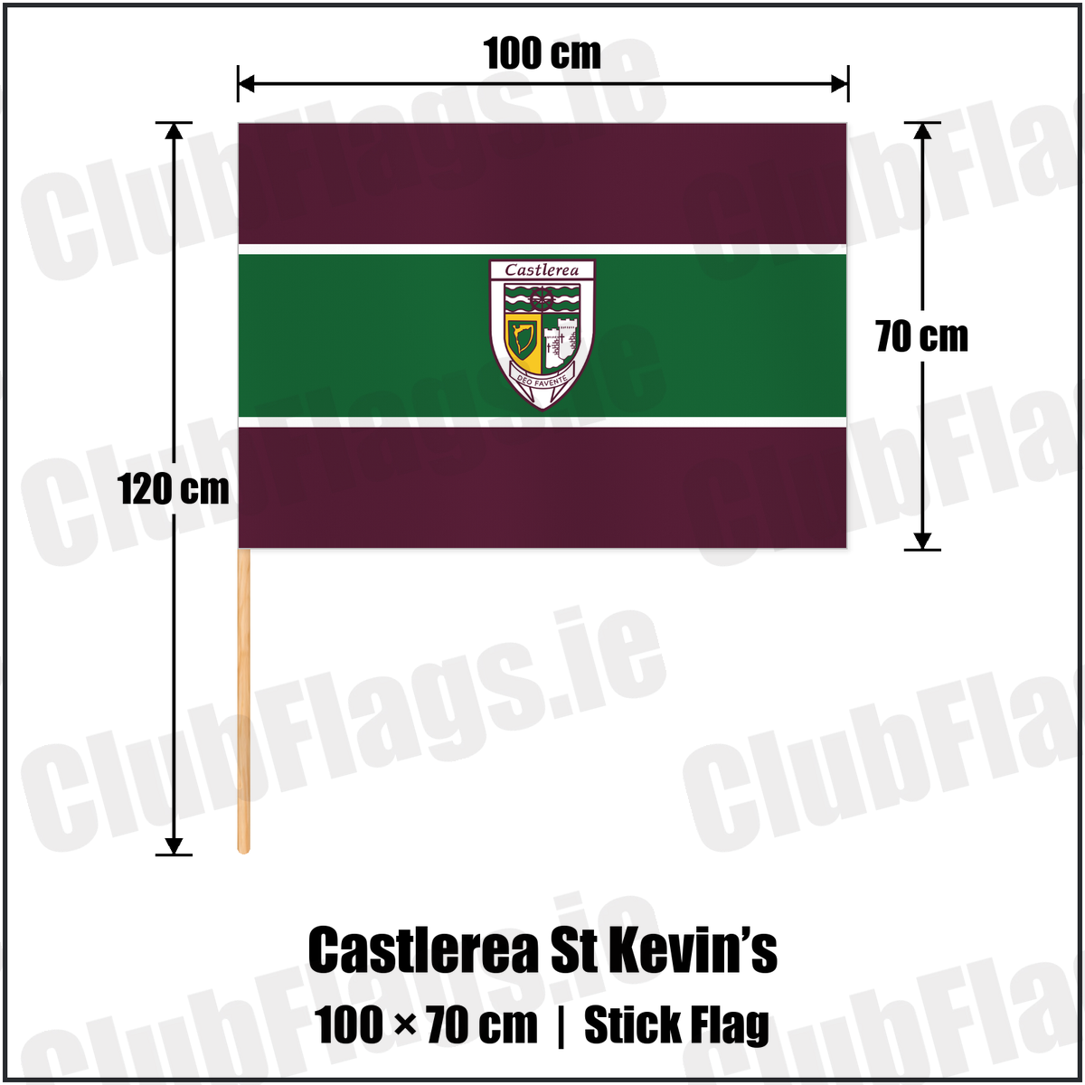 Castlerea St Kevin’s 70cm x 100cm Stick Flag with the club crest and colours, Roscommon GAA - ClubFlags.ie