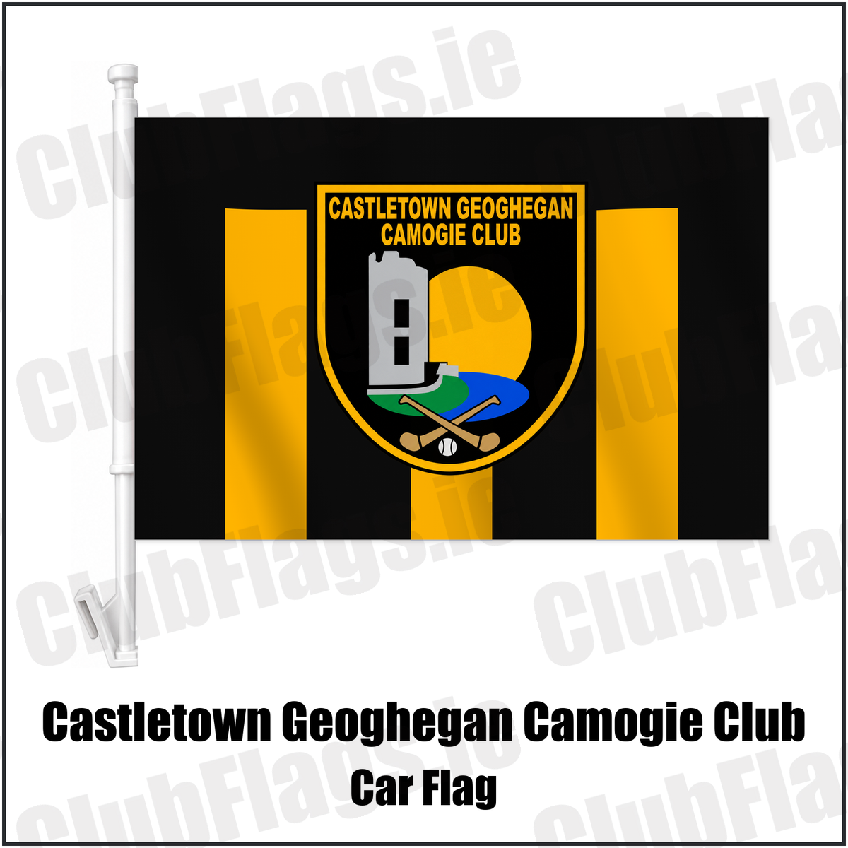 Castletown Geoghegan Camogie Club Car Flag with the club crest and colours, Westmeath GAA - ClubFlags.ie